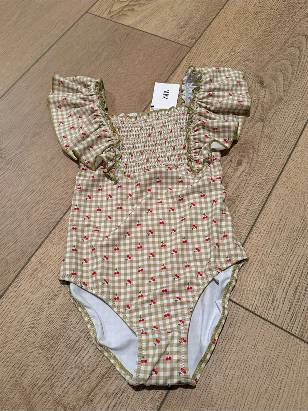 Zara Beige Gingham Cherry Ruffle One-Piece Swimsuit